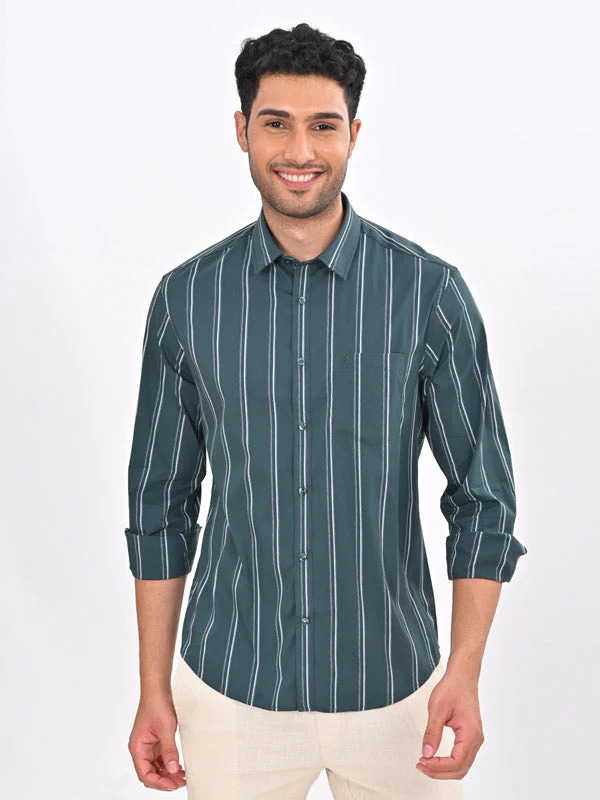 Indian Terrain Men's Regular Fit Full Sleeve Striped Green Shirt